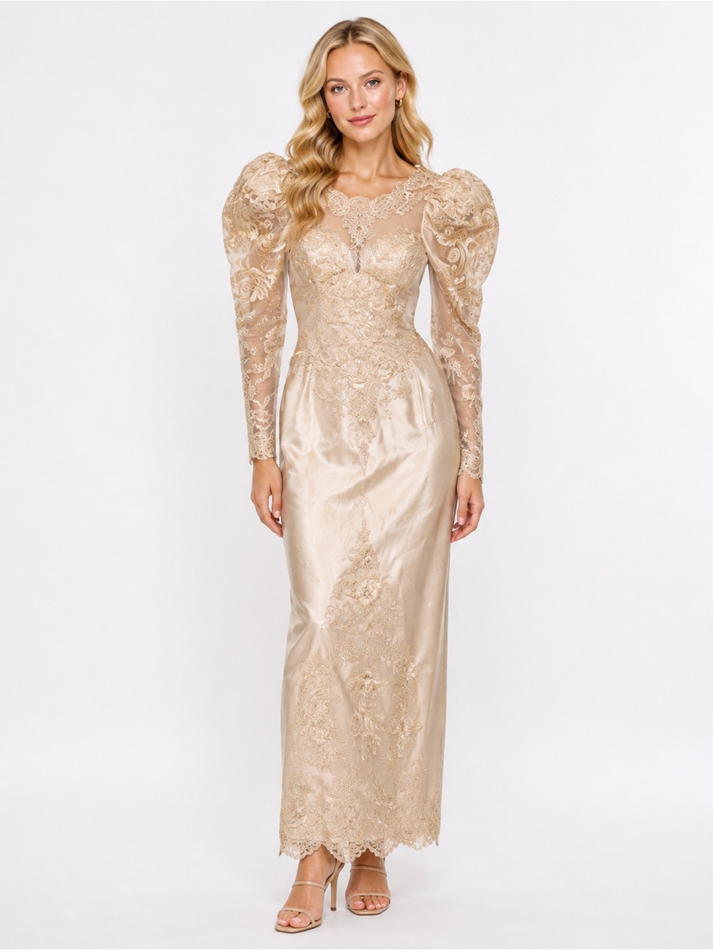 Vintage Sating Long Sleeve Embroidered Lace Wedding Gown With Beaded Details & P